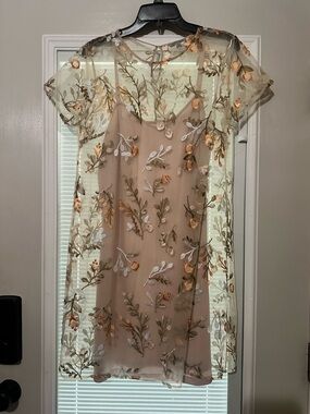 Sheer Embroidered Blush Mini Dress with Floral Overlay